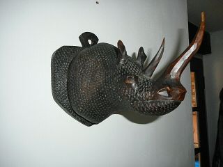 RARE ANTIQUE HAND CARVED WOODEN INDIAN / ASIAN RHINOCEROS HEAD WALL HANGING 6