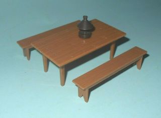 1950s Marx Western Ranch Play Set Hard Plastic Table With Benches And Table Lamp