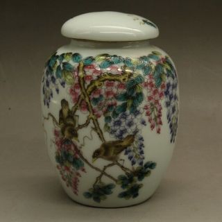 Chinese Old Porcelain Hand Painted Famille Rose Flower Bird Tea Caddy C01