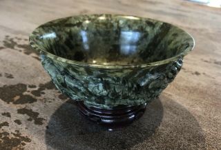 Asian Ornamental Dragon Dark Green Carved Jade Bowl 12.  5cms