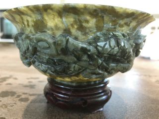 Asian Ornamental Dragon Dark Green Carved Jade Bowl 12.  5cms 2