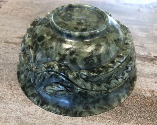 Asian Ornamental Dragon Dark Green Carved Jade Bowl 12.  5cms 4
