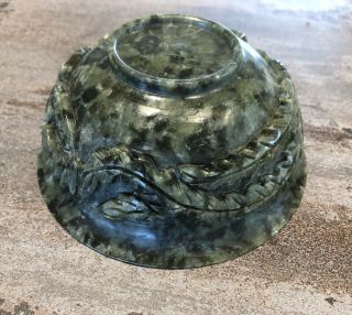 Asian Ornamental Dragon Dark Green Carved Jade Bowl 12.  5cms 5