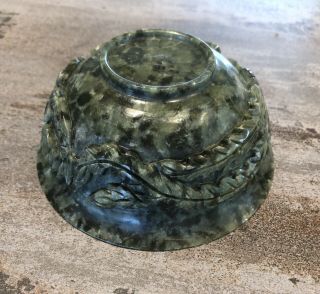 Asian Ornamental Dragon Dark Green Carved Jade Bowl 12.  5cms 6