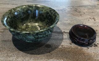 Asian Ornamental Dragon Dark Green Carved Jade Bowl 12.  5cms 7