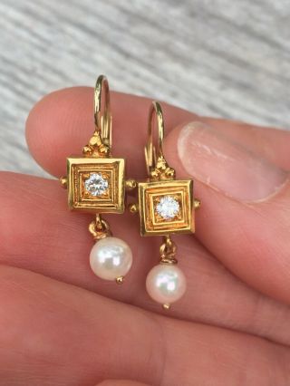 Designer Penny Preville 18k Yellow Gold Diamond And Pearl Earrings 0.  24 Tcw,  6g