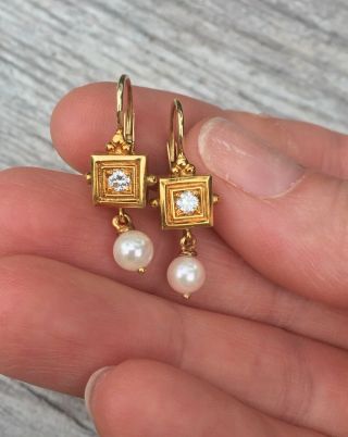 Designer PENNY PREVILLE 18K Yellow Gold Diamond and pearl earrings 0.  24 TCW,  6g 4