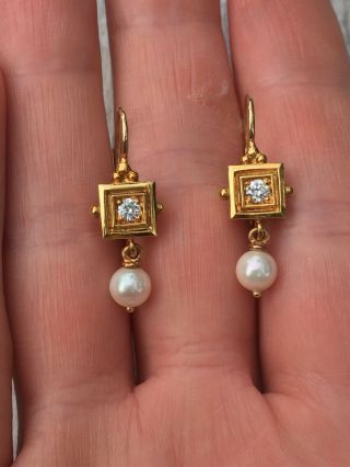 Designer PENNY PREVILLE 18K Yellow Gold Diamond and pearl earrings 0.  24 TCW,  6g 6