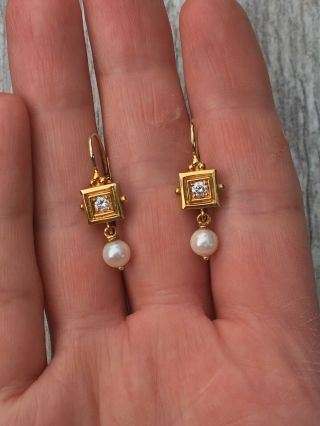Designer PENNY PREVILLE 18K Yellow Gold Diamond and pearl earrings 0.  24 TCW,  6g 8