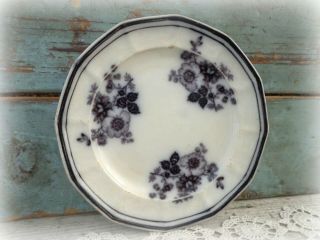 Antique 1800s Mulberry Flow Black Transferware Salad Dessert Plate Floral 7 1/2