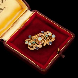 Antique Vintage Deco 18k Gold Swirling Emerald Diamond Sapphire Necklace Pendant