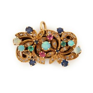 Antique Vintage Deco 18k Gold Swirling Emerald Diamond Sapphire Necklace Pendant 2
