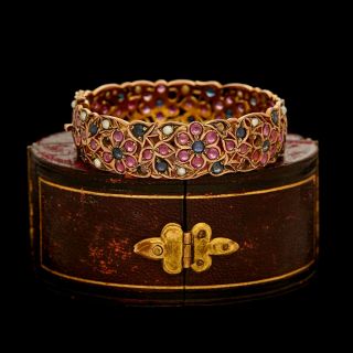 Antique Vintage Nouveau 9k Gold Mughal Ruby Pearl Wedding Hinged Bangle Bracelet