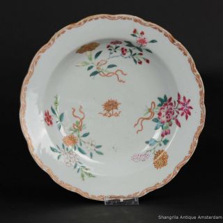 Antique Chinese 18th C Porcelain Plate Famille Rose Qing Qianlong Golden Flowers