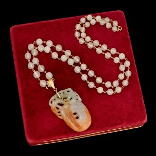 Antique Vintage Deco 14k 18k Gold Chinese Carved Jade Bead Huge Pendant Necklace