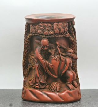 Handsome Vintage Chinese Carved Wooden Brush Pot Signed & Dated 1941
