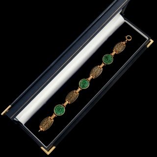 Antique Vintage Art Deco 14k Gold Chinese Carved Imperial Jadeite Jade Bracelet