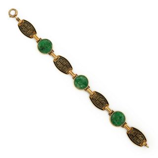Antique Vintage Art Deco 14k Gold Chinese Carved Imperial Jadeite Jade Bracelet 2