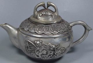 China Ancient Collectable Auspicious Miao Silver Carve Child Ride Kylin Tea Pot