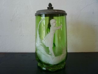 Antique Vintage Mary Gregory Style Green Art Glass Lidded Stein Victorian Girl