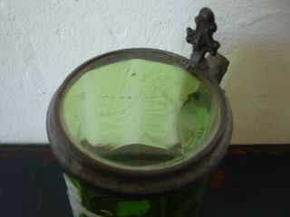 Antique Vintage Mary Gregory Style Green Art Glass Lidded Stein Victorian Girl 4