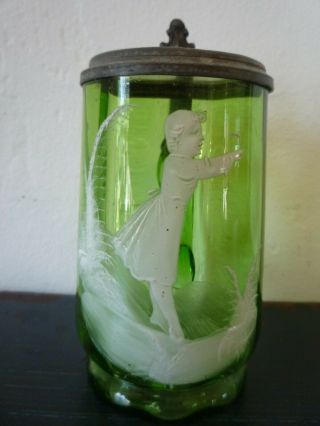 Antique Vintage Mary Gregory Style Green Art Glass Lidded Stein Victorian Girl 7