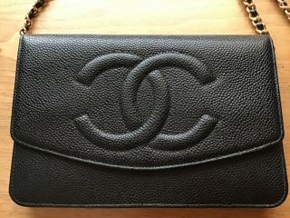 Chanel Cc Logo Black Caviar Leather Wallet On Chain Woc Mini