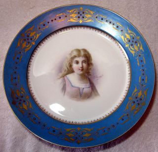 Antique French Sevres Type Porcelain Hand Painted Signed Portrait Cabinet Plate