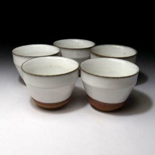 Yd4: Vintage Japanese 5 Pottery Sencha Tea Cups,  Kyo Ware,  White Glaze