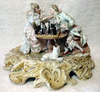 A Antique German Bisque Porcelain Lace Group Figurine Playing Chess