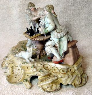 A Antique German Bisque Porcelain Lace Group Figurine Playing Chess 2