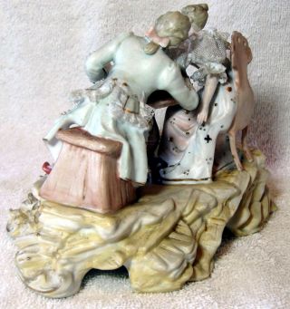 A Antique German Bisque Porcelain Lace Group Figurine Playing Chess 3