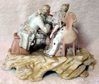 A Antique German Bisque Porcelain Lace Group Figurine Playing Chess 4