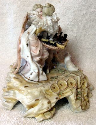 A Antique German Bisque Porcelain Lace Group Figurine Playing Chess 5