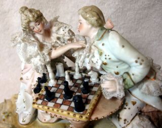 A Antique German Bisque Porcelain Lace Group Figurine Playing Chess 6