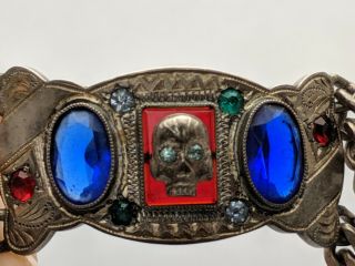 Vintage Day of the Dead or Korean War Sterling Silver Skull Rhinestone Bracelet 2