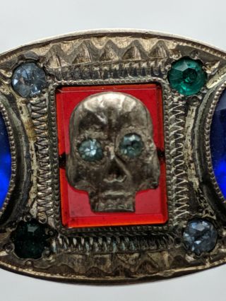 Vintage Day of the Dead or Korean War Sterling Silver Skull Rhinestone Bracelet 5