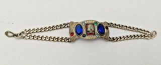 Vintage Day of the Dead or Korean War Sterling Silver Skull Rhinestone Bracelet 6