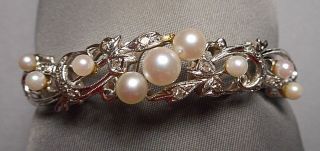 14k White Gold Hinged Filigree Bangle Bracelet 9 Pearls & 24 Tiny Diamonds 15.  6g
