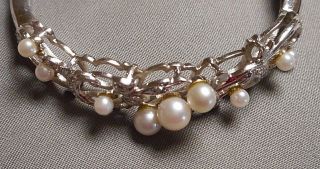 14K White Gold Hinged Filigree Bangle Bracelet 9 Pearls & 24 Tiny Diamonds 15.  6g 3