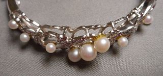14K White Gold Hinged Filigree Bangle Bracelet 9 Pearls & 24 Tiny Diamonds 15.  6g 4