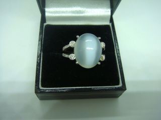 Large Natural Cats Eye Moonstone & Diamond 18ct White Gold Ring Size R