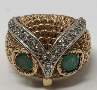 Vintage 18k Yellow Gold Owl Ring With Diamonds And Emerald Eyes Sz 5 11.  9 Grams