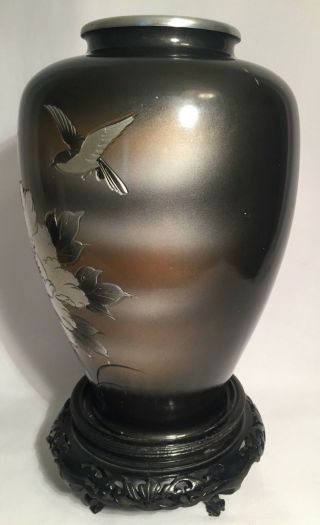 Antique/Vintage Japanese Bronze Vase Gold Mixed Metal Flower Bird Signed 2