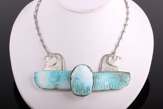 Egyptian 800 Silver Carved Stone Necklace Hawks Winged Scarab Signed 2107
