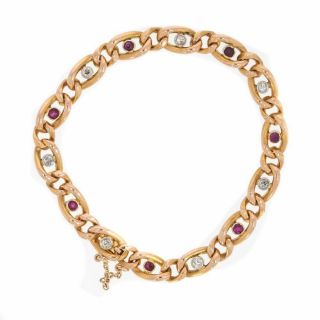 Antique Victorian Gold Ruby And Diamond Set Curb Link Bracelet