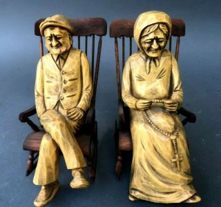 Vintage Hand Carved Wood Old Couple In Rocking Chairs A.  Nadeau Fait Au Quebec