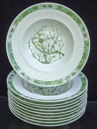 SET 2 RIM SOUP BOWLS CERALENE RAYNAUD LIMOGES FRANCE CHINA FLEUR DE JADE GREEN 2