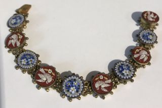 Antique Micro Mosaic Doves & Flowers Panel Linked Brass Bracelet