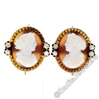 Antique Edwardian 14k Gold Carved Agate Cameo Mine Diamond Fluted Frame Earrings